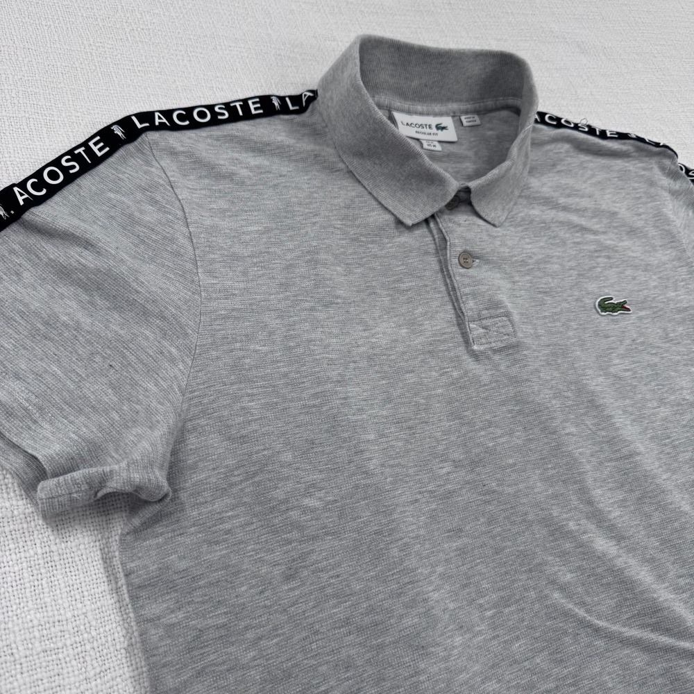 Lacoste Mens Medium Regular Fit Polo Shirt Gray Logo Tape Shoulder Sleeve - Picture 4 of 10